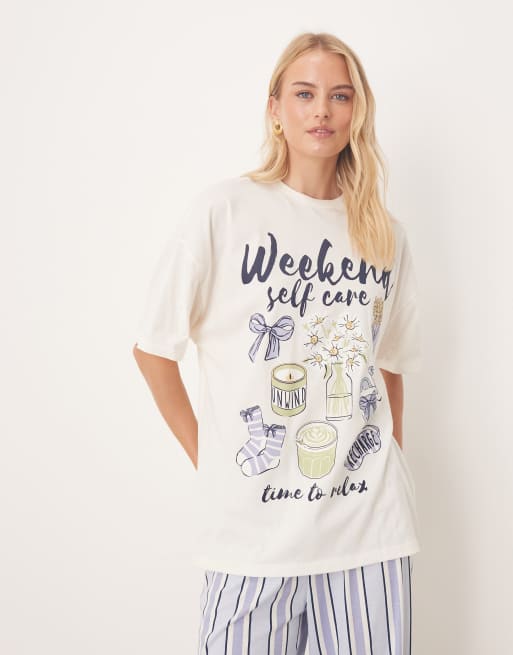 ASOS DESIGN Tall oversized tee & wide leg pants pajama set with Weekend Self Care graphic