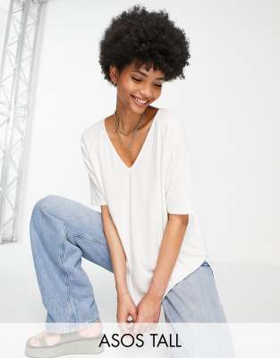 Asos Tall Asos Design Tall Oversized V-neck T-shirt In Rib In White In White