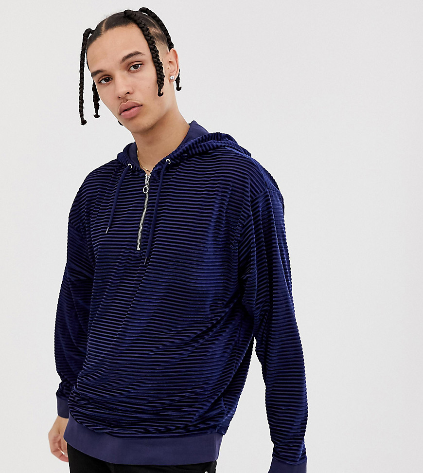 ASOS DESIGN Tall Oversized Velour Striped Hoodie With Half Zip-Navy