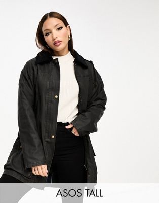 ASOS DESIGN Tall oversized wax jacket in black - ASOS Price Checker