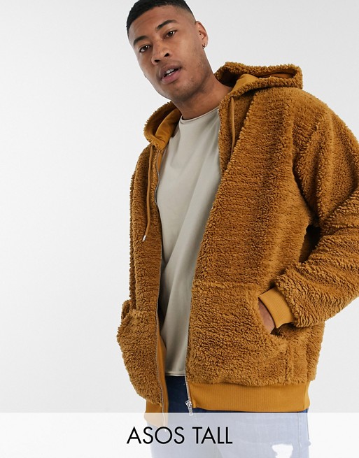 ASOS DESIGN Tall oversized zip up hoodie in brown teddy borg