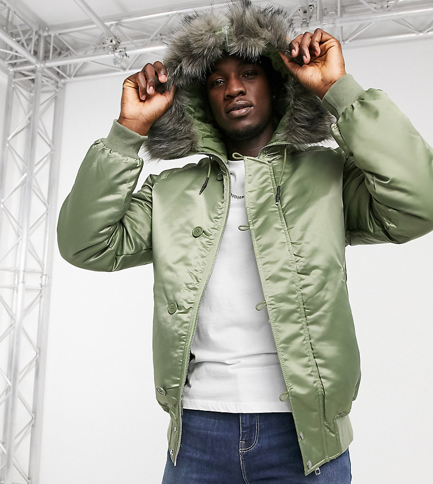 ASOS DESIGN Tall padded bomber jacket with faux fur hood in khaki-Green