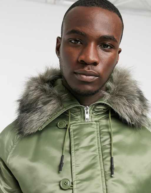 ASOS DESIGN Tall padded bomber jacket with faux fur hood in khaki