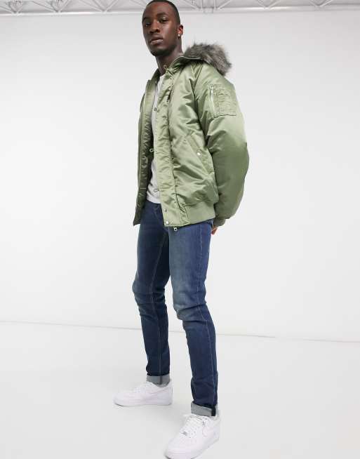 Padded bomber jacket store with fur hood