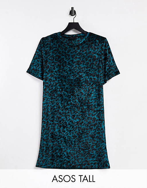 Women Tall padded shoulder short sleeve t-shirt mini dress in dark teal velvet leopard print 