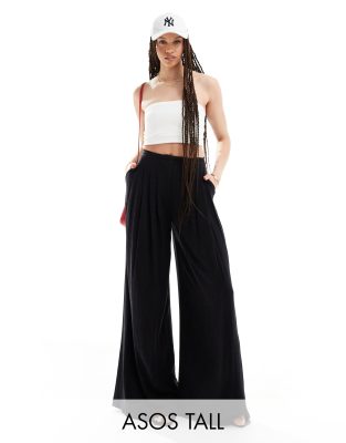 ASOS DESIGN Tall - Palazzo-Hose in Schwarz mit Leinenanteil, weitem Schnitt und Bundfalten