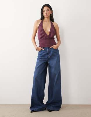 ASOS DESIGN Tall - Palazzo-Jeans in dunklem Mittelblau mit weitem Bein
