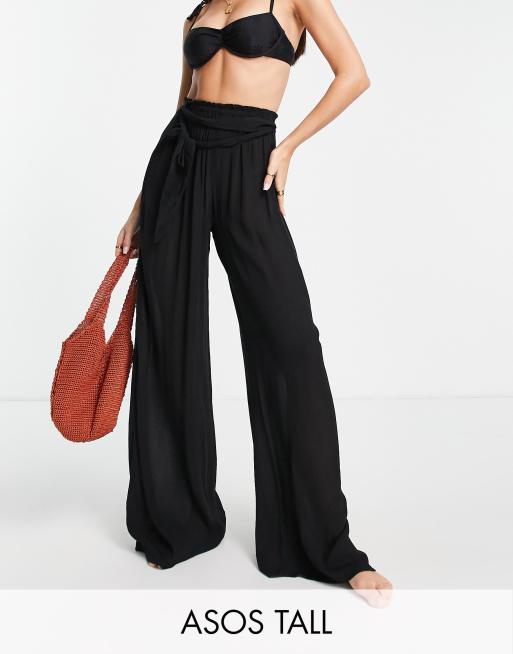 ASOS DESIGN Tall - Palazzo - Sorte strandbukser med bindebånd i taljen
