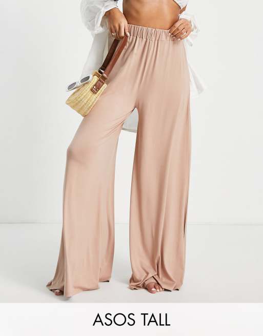 ASOS DESIGN Tall – Palazzo-Strandhose aus Jersey in Creme