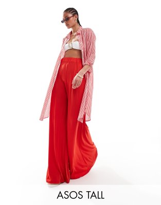 ASOS DESIGN Tall - Palazzo-Strandhose aus Jersey in Rot