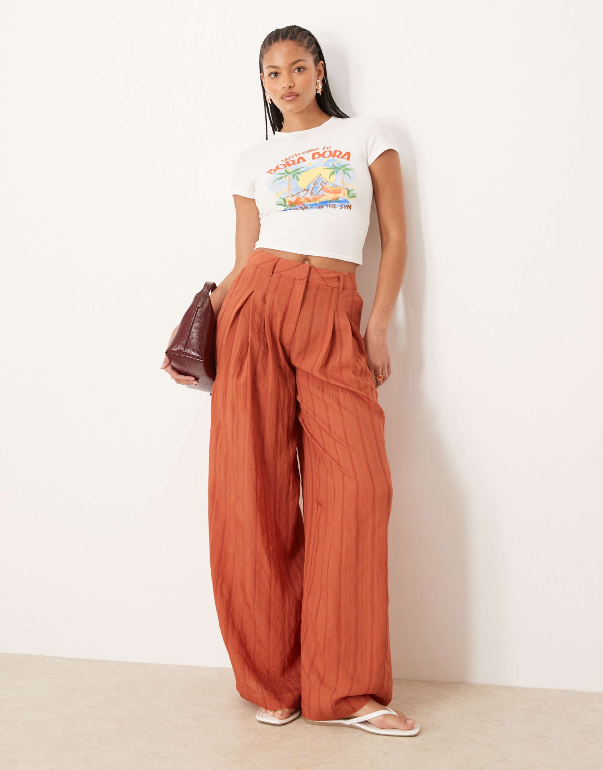asos design tall palazzo striped pants in rust