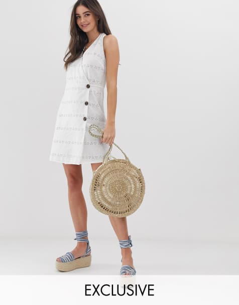 ASOS DESIGN Tall palm broderie wrap halter mini sundress with side buttons