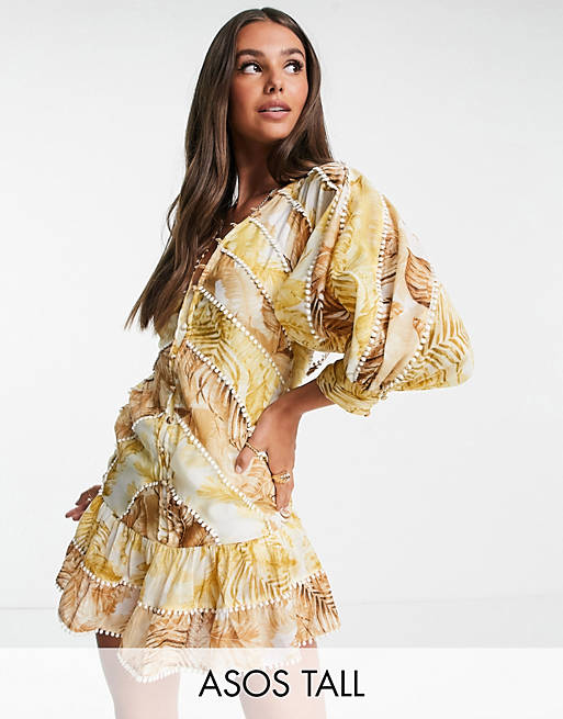  Tall palm print structured mini dress with lace trim detail and puff sleeve 