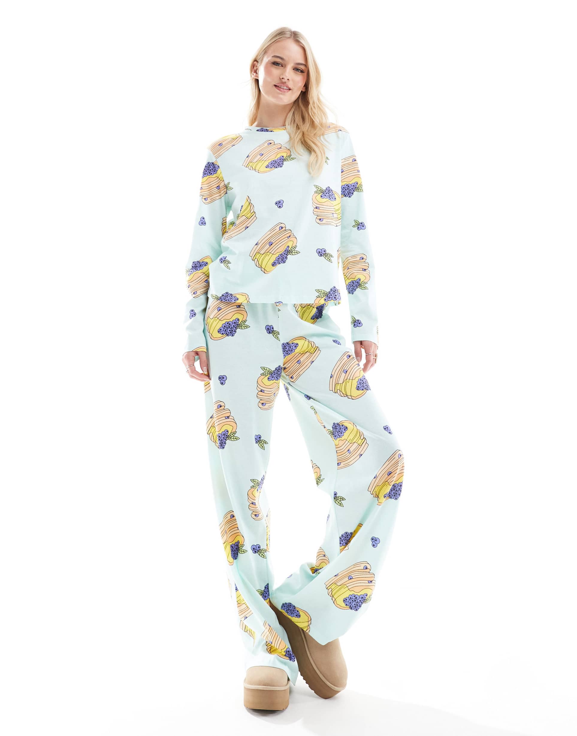 asos design tall pancakes long sleeve top & pants pajama set in blue
