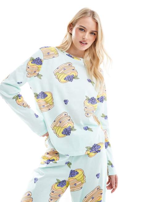 ASOS DESIGN Tall pancakes long sleeve top & pants pajama set in blue