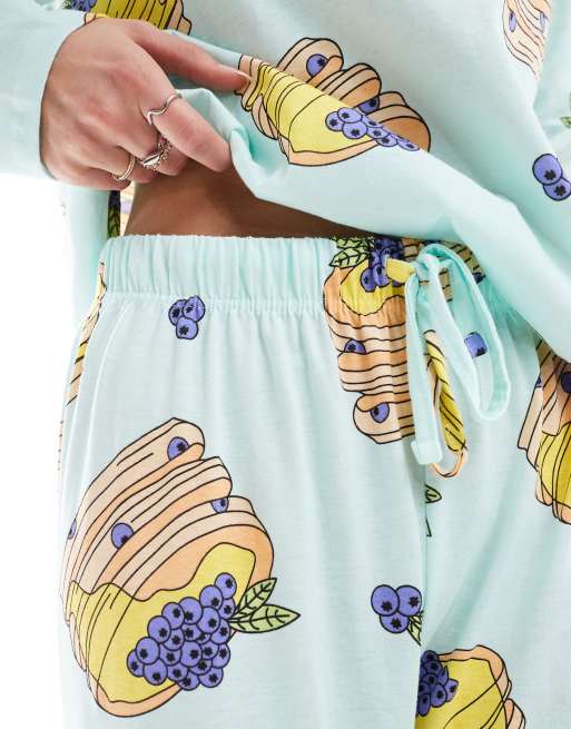 ASOS DESIGN Tall pancakes long sleeve top & pants pajama set in blue, 3 of 4