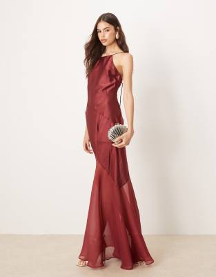 Asos Tall Asos Design Tall Paneled Satin Maxi Dress With Chiffon Skirt In Brown
