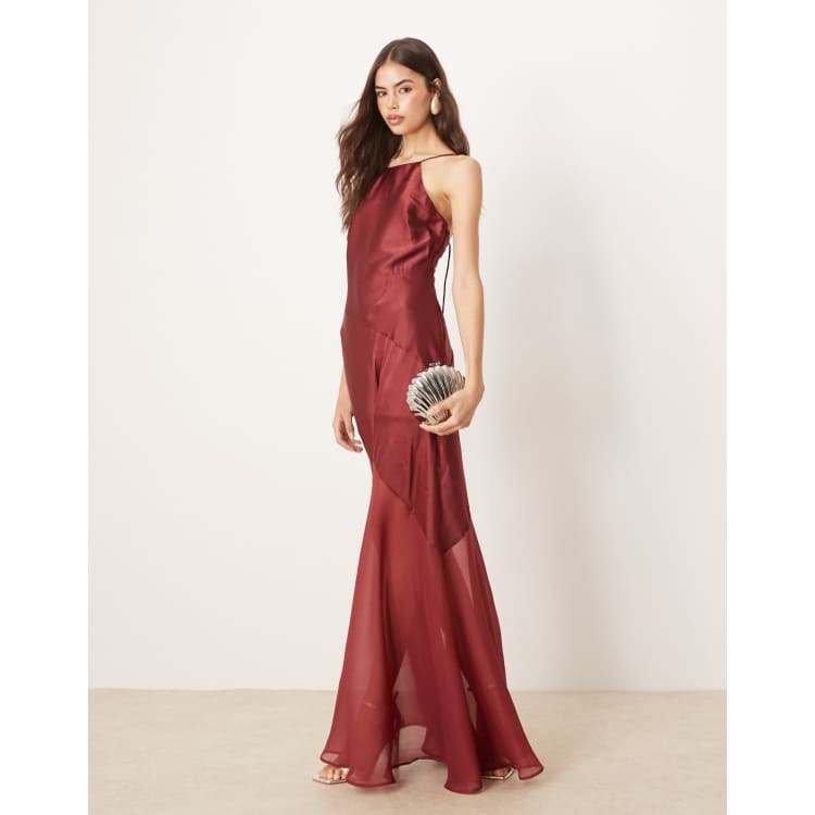 ASOS DESIGN Tall paneled satin maxi dress with chiffon skirt in cherry red  | ASOS