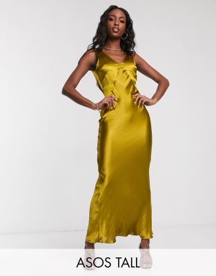 asos design maxi dress with wrap waist with horn detail in satin