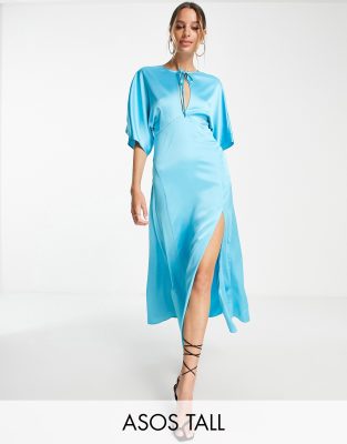 ASOS DESIGN Tall paneled satin midi dress with keyhole in blue | ASOS