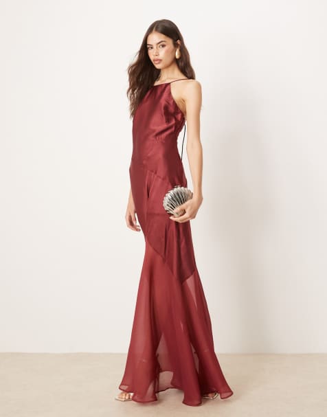ASOS DESIGN Tall panelled satin maxi dress with chiffon skirt in cherry red - view 1