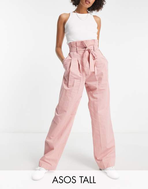 ASOS DESIGN Tall Pantalon taille haute fronc e rayures Rose