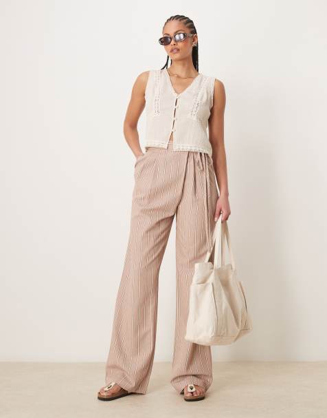 ASOS DESIGN Tall - Pantalon ajusté à taille croisée et nouée en lin mélangé - Beige rayé - view 1
