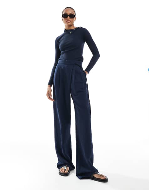 ASOS DESIGN Tall - Pantalon ajusté en lin mélangé avec taille nouée - Bleu marine - view 1