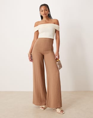 ASOS DESIGN Tall - Pantalon effet froissé en lin mélangé à taille haute style corset - Taupe-Marron