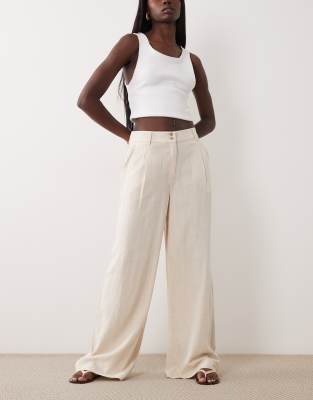 Tall - Pantalon large à pinces en lin mélangé - Naturel-Neutral 40