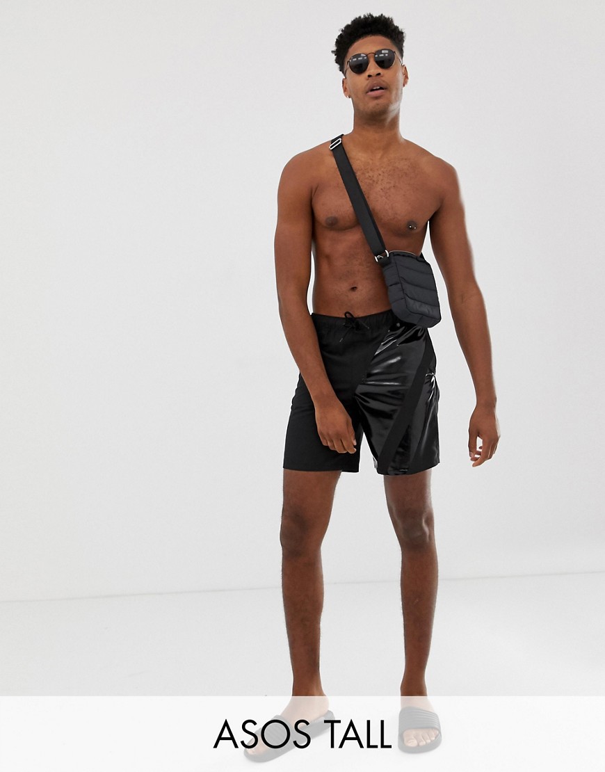 ASOS DESIGN Tall - Pantaloncini da bagno media lunghezza con zip e dettaglio lucido-Nero