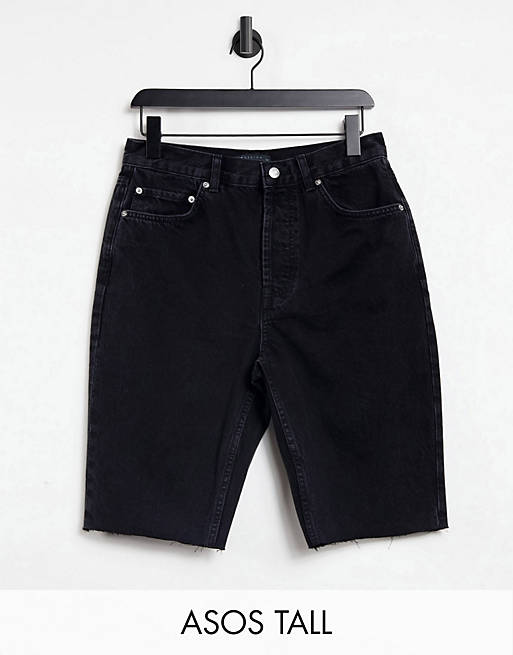 ASOS DESIGN Tall - Pantaloncini di jeans taglio lungo in misto cotone in stile anni '90 nero slavato - BLACK