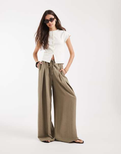 ASOS DESIGN Tall - Pantalones verde oscuro de pernera ancha con lazada en la cintura de tejido texturizado - view 1