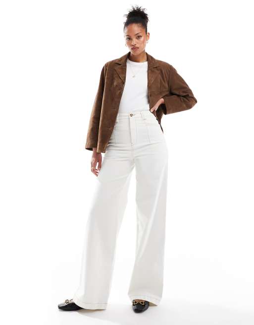 ASOS DESIGN Tall - Pantaloni a fondo ampio a vita alta bianco sporco con cuciture a contrasto