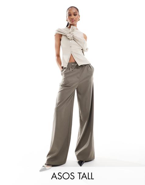 ASOS DESIGN Tall - Pantaloni a fondo ampio allacciati in vita sartoriali kaki spazzolati con pieghe - view 1