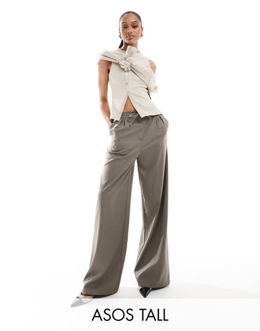 ASOS DESIGN Tall - Pantaloni a fondo ampio allacciati in vita sartoriali kaki spazzolati con pieghe