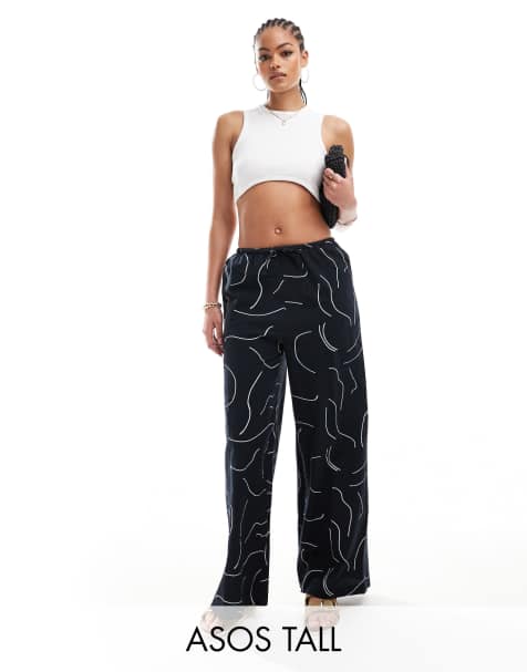ASOS DESIGN Tall - Pantaloni a fondo ampio in misto lino neri con stampa bianca - view 1