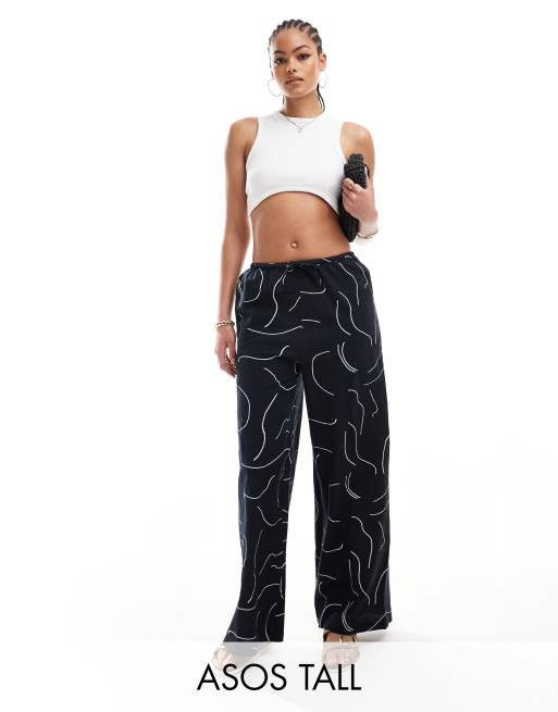 ASOS DESIGN Tall - Pantaloni a fondo ampio in misto lino neri con stampa bianca