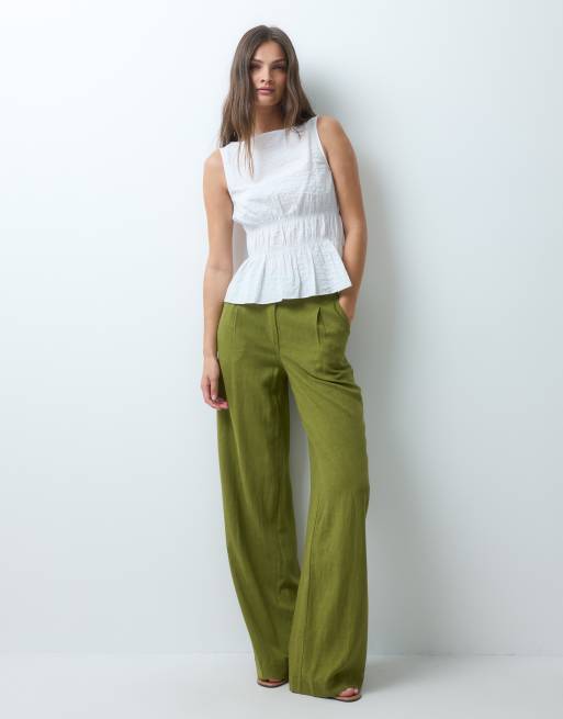 ASOS DESIGN Tall pantaloni a gamba larga con dettaglio piega in misto lino verde