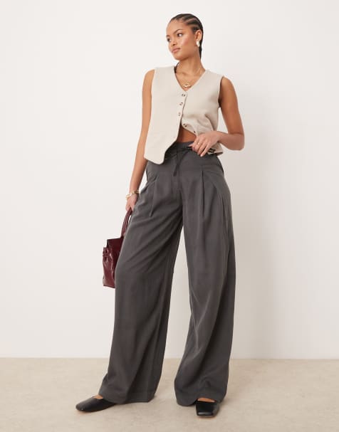 ASOS DESIGN Tall - Pantaloni a pieghe grigi con fondo ampio e laccetti - view 1