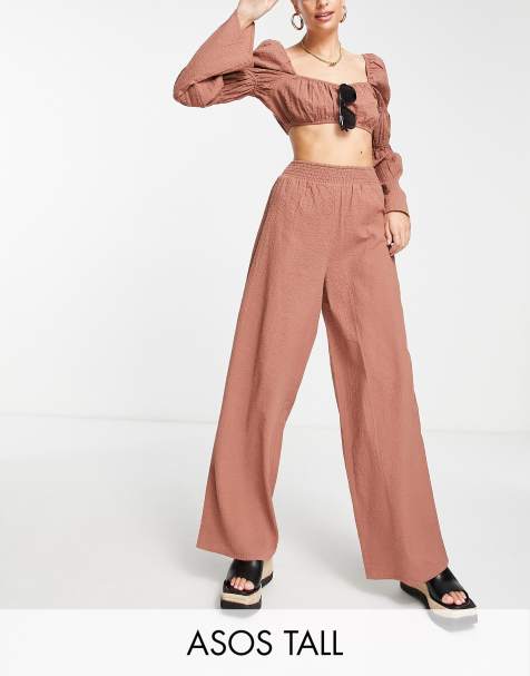 ASOS DESIGN Tall - Pantaloni da mare con fondo ampio in seersucker marroni in coordinato - view 1