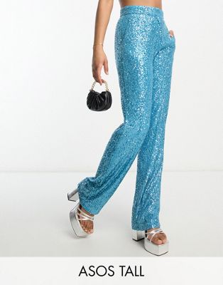 ASOS DESIGN Tall straight sequin ankle grazer trousers in turquoise - ASOS Price Checker