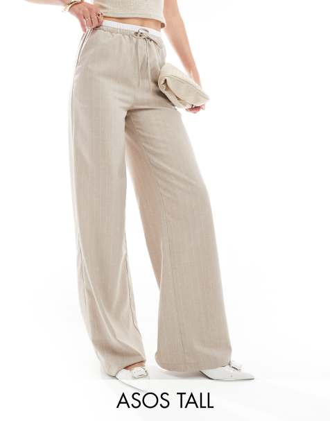 ASOS DESIGN Tall - Pantaloni sartoriali ampi tortora a righe con fascia in vita a contrasto - view 1