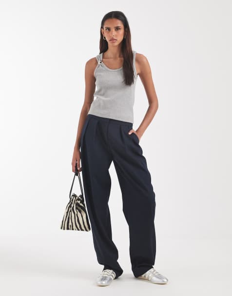 ASOS DESIGN Tall pantaloni sartoriali con fascia alta e doppia piega navy - view 1
