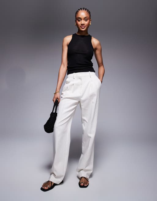 ASOS DESIGN Tall - Pantaloni sartoriali dritti color crema a righe con pieghe