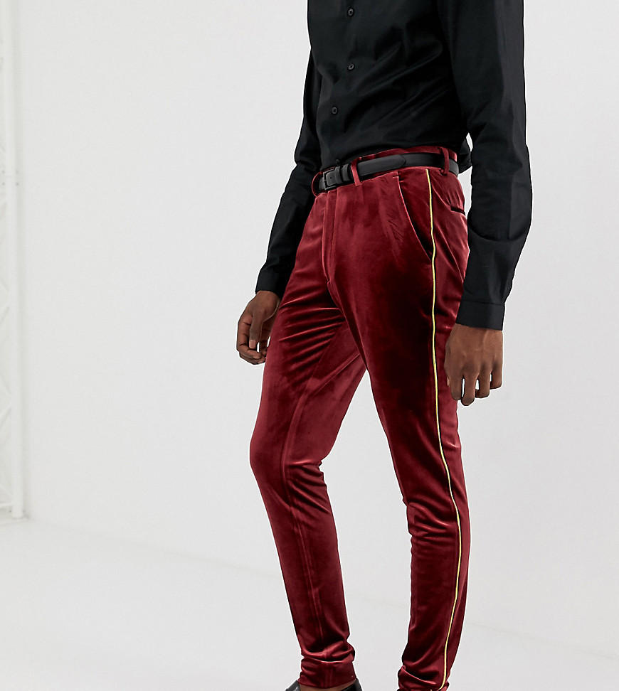 ASOS DESIGN Tall - Pantaloni super skinny eleganti in velluto bordeaux con profili oro-Rosso