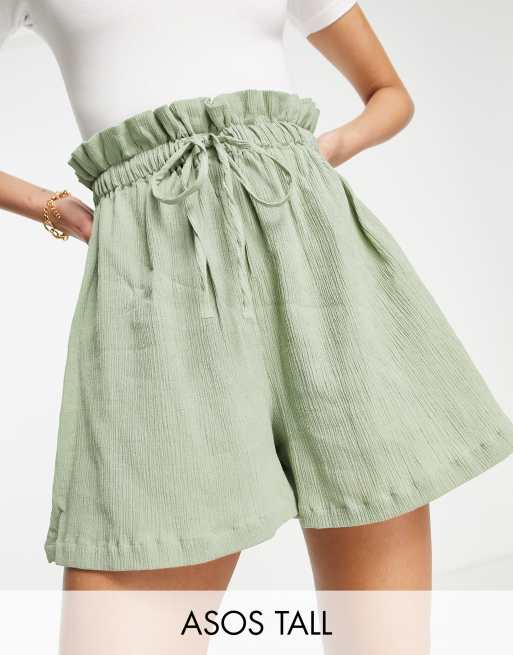 ASOS DESIGN Tall paper bag waist shorts in natural crinkle in sage