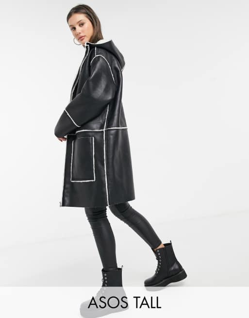 ASOS DESIGN Tall - Parka in montone e dettagli in pile borg nero