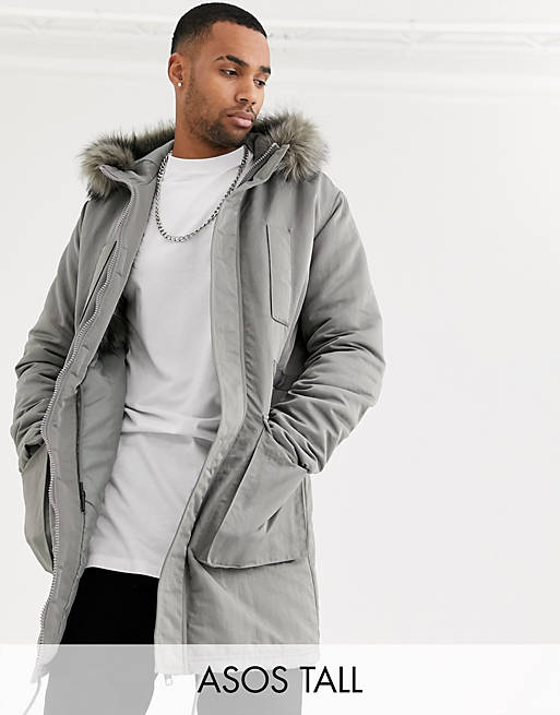 Asos Design Tall Parka Jacket In Gray, Mens Parka Coats With Fur Hood Asos