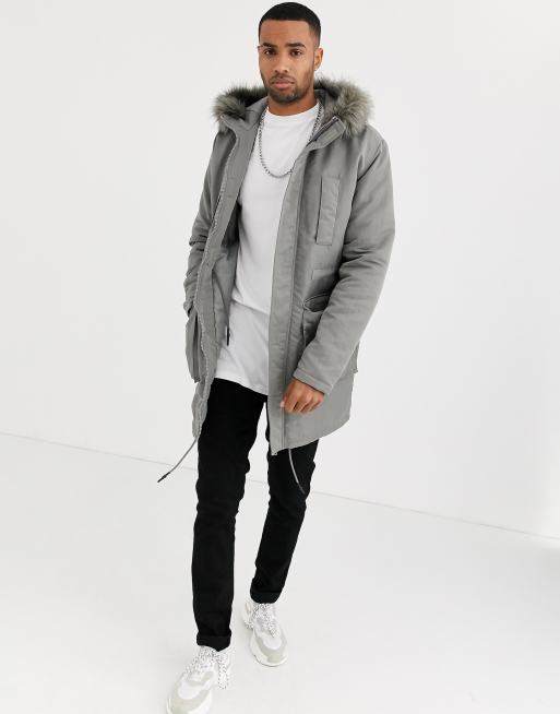 ASOS DESIGN Tall parka jacket in grey with faux fur lining